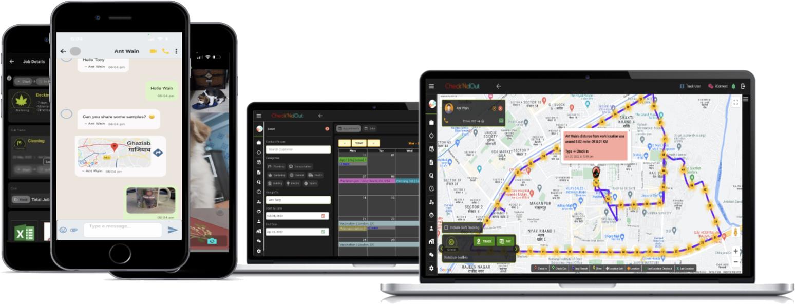 Check'NdOut app on phones and laptops, showing chat, calendar and live route tracking