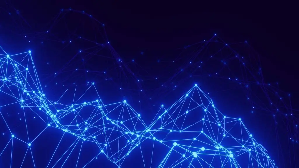 An abstract network of connected nodes, like agents working together