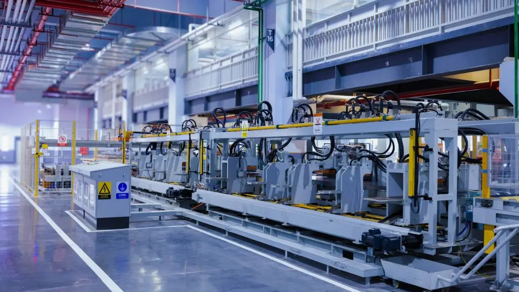 A fully automated production line in a factory, fitted with machines and sensors